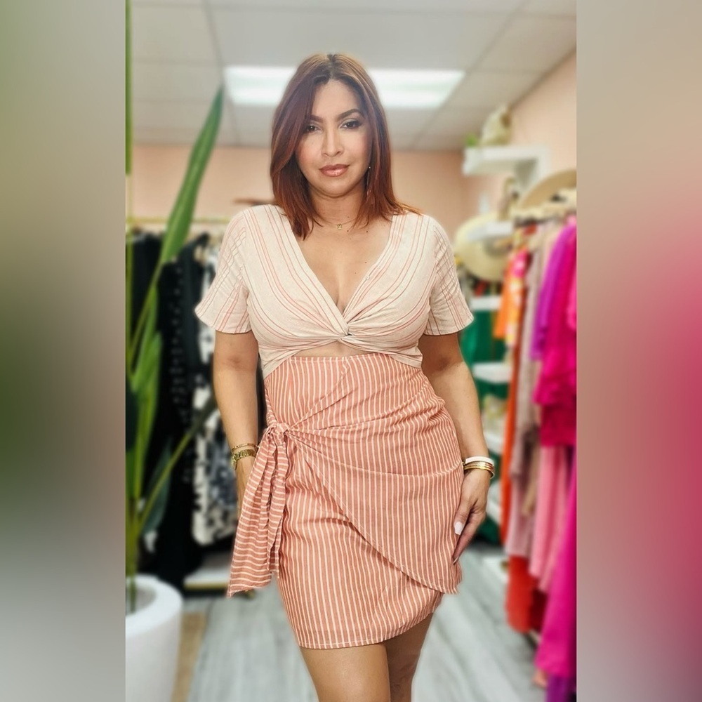 Hummingbird Boho Stripe Twist Bust Line Side Tie Warp Midi Dress